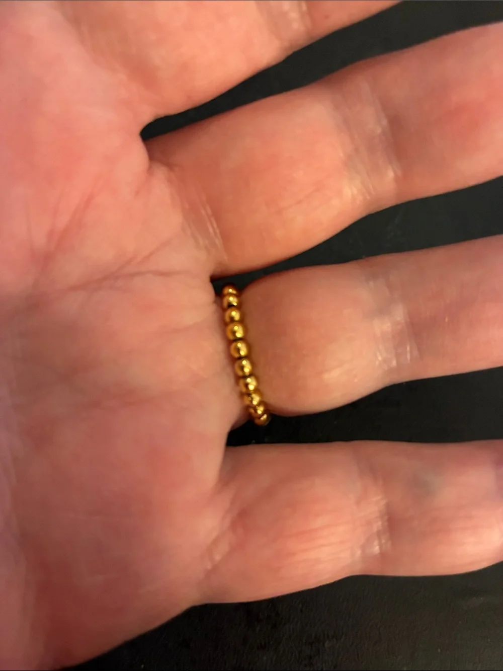 Gold-Tone Stretch Beads.Ring with Light Blue Faceted Stone and Crystal Accents.